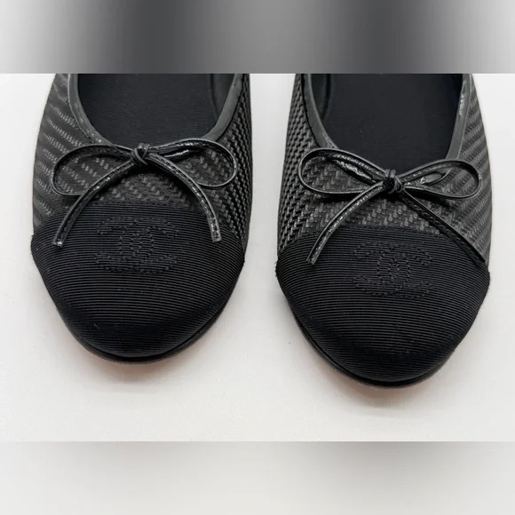 Chanel CC Logo Grosgrain Cap Toe Bow Ballerina Flats Woven Black Leather EU 41.5 - Picture 5 of 14